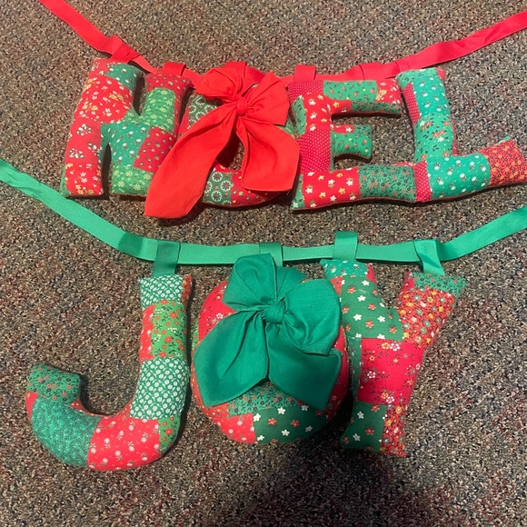 Vintage Christmas Noel and Joy Fabric Stuffed Patchwork Banners Wall Hangings